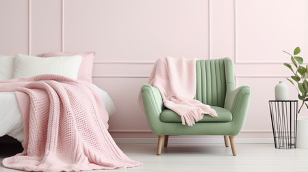 White pillow on pink armchair in cozy bedroom interior with blanket on green mattressの素材
