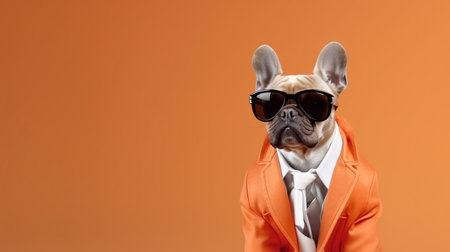 Cool looking French bulldog dog wearing funky fashion dress tie and glassesの素材