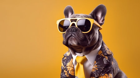Cool looking French bulldog dog wearing funky fashion dress tie and glassesの素材