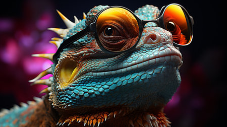 colorful lizard with sunglasses dark background. cool lizard and beautiful lizardの素材