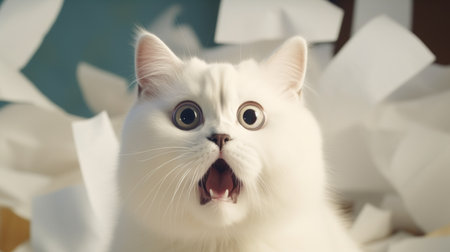 discount label funny white fat cat, out from the pieces of paper, shout with shocked expressionの素材