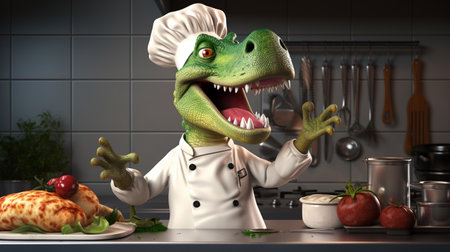 Cute and smiling dinosaur in chef uniform cooking dinner. dinosaur the cool chefの素材