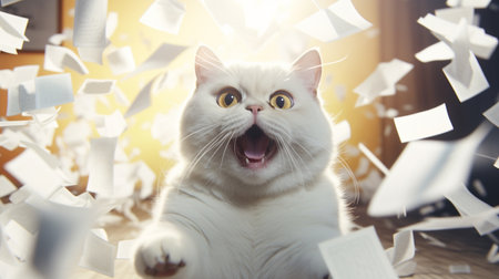 discount label funny white fat cat, out from the pieces of paper, shout with shocked expressionの素材