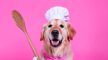Dog in a chef hat and with a spatula in his mouth on a pink backgroundの素材