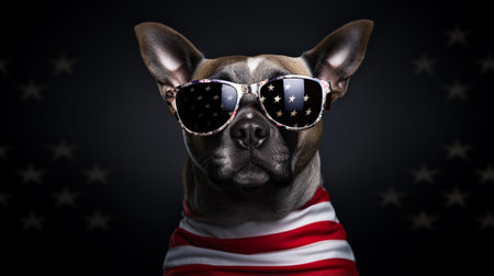 dog wearing sunglasses with american flag styleの素材