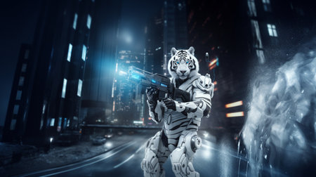 full body of polar tiger wearing cyberpunk uniformsの素材