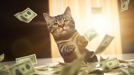 Funny cat is holding banknotes of Dollar and Euro. Business themeの素材