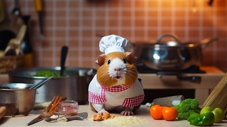 Guinea pig chef cooking in animal kitchenの素材