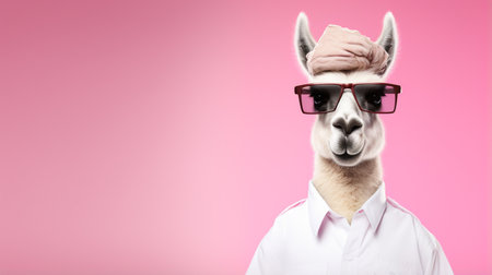 funny face Llama wearing sunglasses, and chef uniforms, blank space on the rightの素材