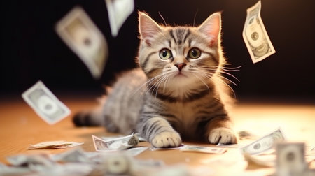 Funny cat is holding banknotes of Dollar and Euro. Business themeの素材
