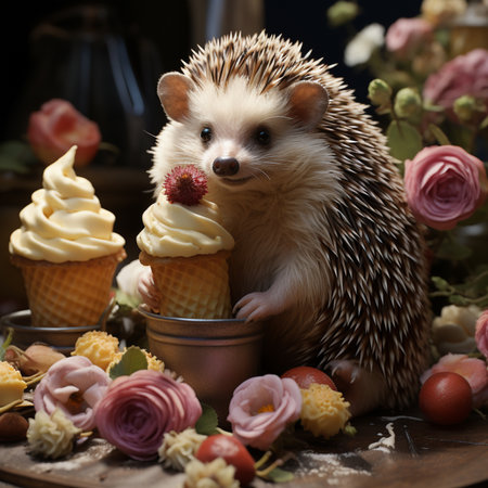 Cute funny hedgehog holds ice cream cone toy in its pawsの素材