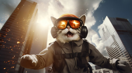 jumping cat wearing futuristic thief uniforms and sunglasses. funny cat flyingの素材