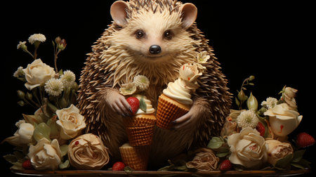 Cute funny hedgehog holds ice cream cone toy in its pawsの素材