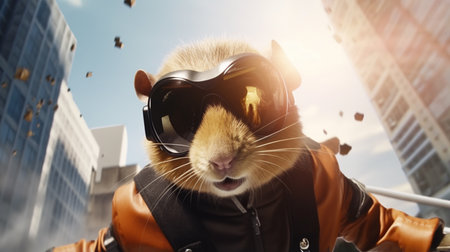 jumping hamster wearing futuristic thief uniforms and sunglasses. Cyberpunk Hamsterの素材