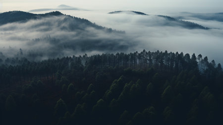 fogged Pine forests, bird eye view. Generative AIの素材