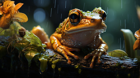 Frog Hiding from Rain under a Leaf. Generative AIの素材