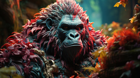 front view of beaded gorilla on the fantasy forest. Generative AIの素材