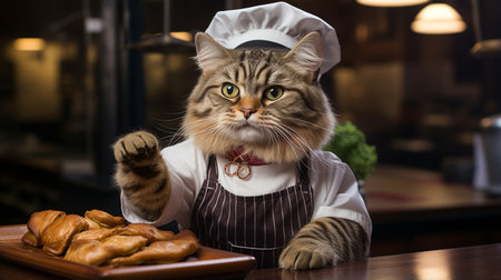 chef cat. Cat wearing chef uniforms, present a tasty burger on kithen background. Generative AIの素材