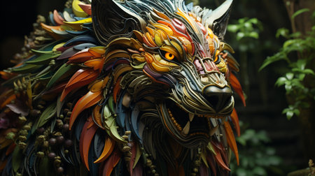 Fantasy futuristic dog. beaded mad dog on the fantasy forest. Generative AIの素材