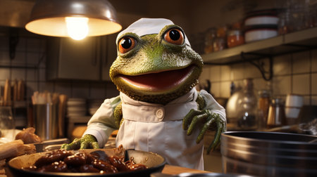 funny frog wear a chef uniforms cooking in the kitchen on kithen background. Generative AIの素材