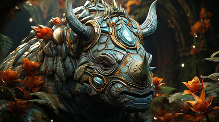 Rhino robot. Futuristic rhino robot on the fantasy forest background. Generative AIの素材