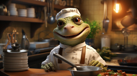 funny frog wear a chef uniforms cooking in the kitchen on kithen background. Generative AIの素材