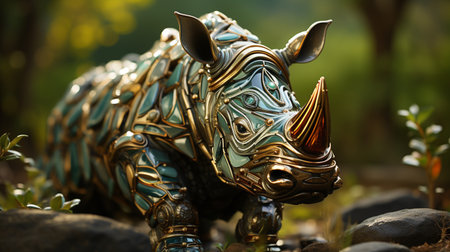 Rhino robot. Futuristic rhino robot on the fantasy forest background. Generative AIの素材