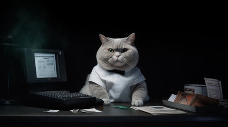 funny white fat cat wearing cashier, sweet smile expression. Generative AIの素材