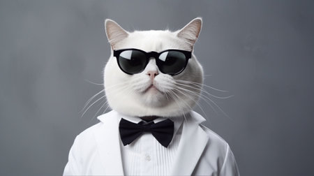 Portrait of British shorthair gray cat wearing sunglasses and a tie bow tie. Generative AIの素材