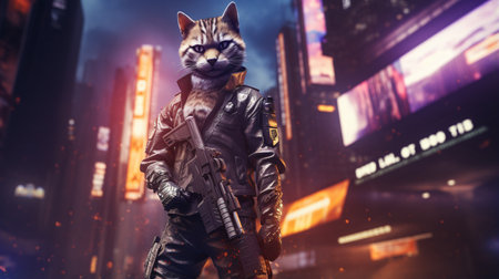 gentle cat wearing cyberpunk uniforms, with futuristic weapon on hand. Generative AIの素材
