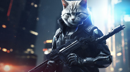 gentle cat wearing cyberpunk uniforms, with futuristic weapon on hand. Generative AIの素材