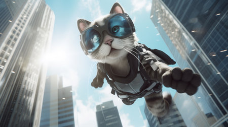 flying Gentle cat wearing modern thief uniforms, with futuristic weapon on hand. Generative AIの素材