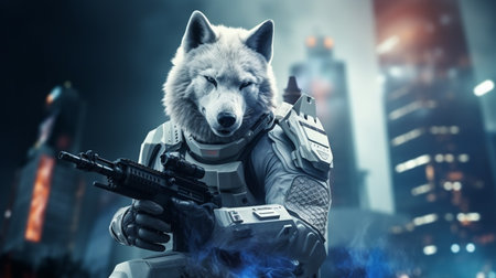 gentle wolf wearing cyberpunk uniforms, with futuristic weapon on hand. Generative AIの素材