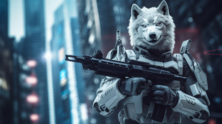 gentle wolf wearing cyberpunk uniforms, with futuristic weapon on hand. Generative AIの素材