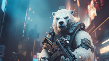 gentle polar bear wearing cyberpunk uniforms, with futuristic weapon on hand. Generative AIの素材