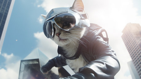 flying Gentle cat wearing modern thief uniforms, with futuristic weapon on hand. Generative AIの素材