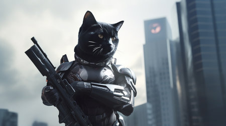 gentle cat wearing super hero uniforms, with futuristic weapon on hand. Generative AIの素材
