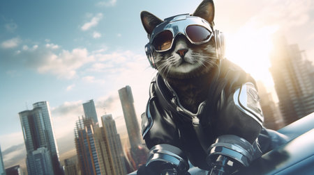 flying Gentle cat wearing modern thief uniforms, with futuristic weapon on hand. Generative AIの素材