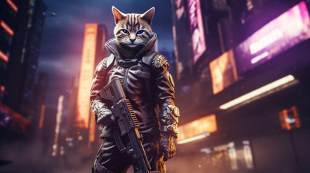 gentle cat wearing cyberpunk uniforms, with futuristic weapon on hand. Generative AIの素材