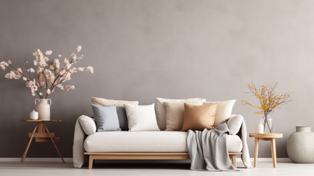 Interior design of cozy living room with stylish sofa, pink flowers in vase, carpet, decorationの素材