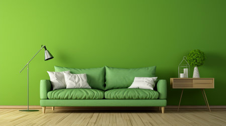 Home interior mock-up with green sofa, table and decor in living roomの素材