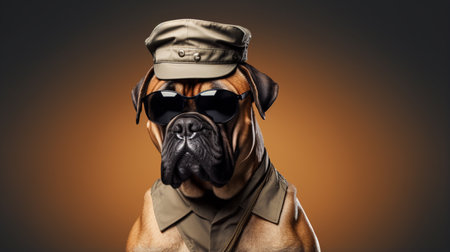 bull mastiff working as a security. bulldog dressed as a police officerの素材