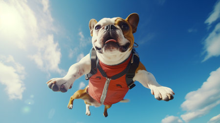 sky diver bull dog jumping trough the sky with shocked expressionの素材