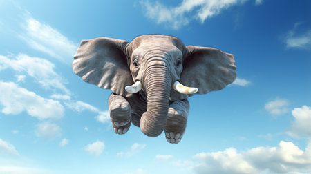 sky diver big elephant jumping trough the sky with shocked expressionの素材