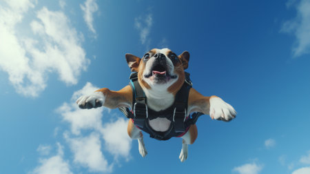 sky diver bull dog jumping trough the sky with shocked expressionの素材