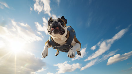 sky diver bull dog jumping trough the sky with shocked expressionの素材