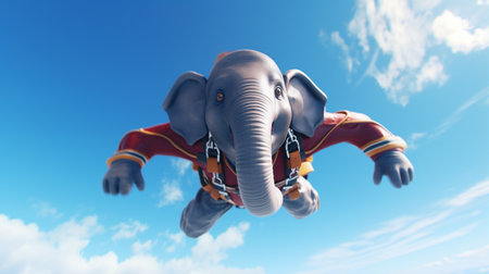 sky diver big elephant jumping trough the sky with shocked expressionの素材