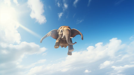 sky diver big elephant jumping trough the sky with shocked expressionの素材