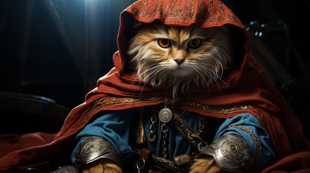 superhero cat, Scottish Whiskas with a blue cloak and mask. The concept of a superheroの素材