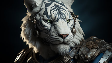 White Tiger portrait wearing a knight armor. Animal in a medieval armorの素材